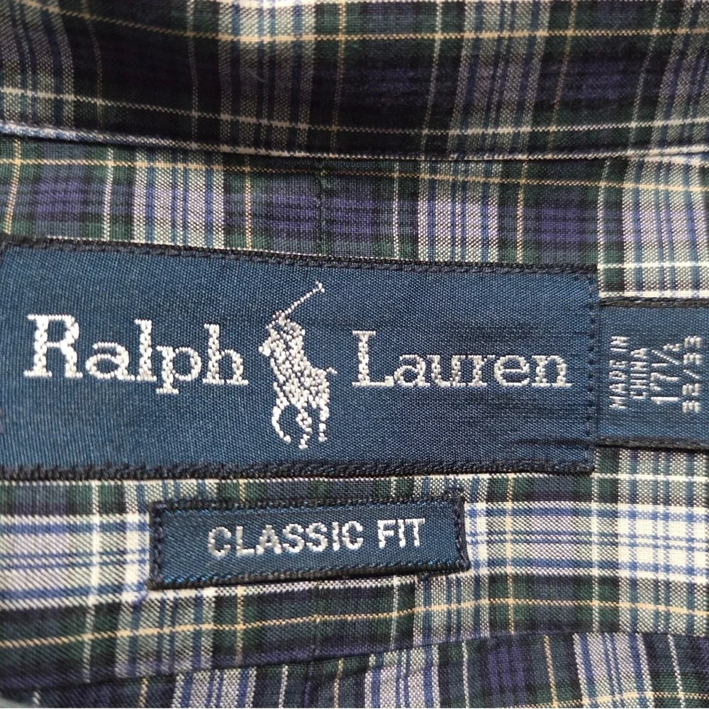 Ralph Lauren Button Down Shirt Mens 17.5 32/33 Blue Tartan Plaid Classic Fit